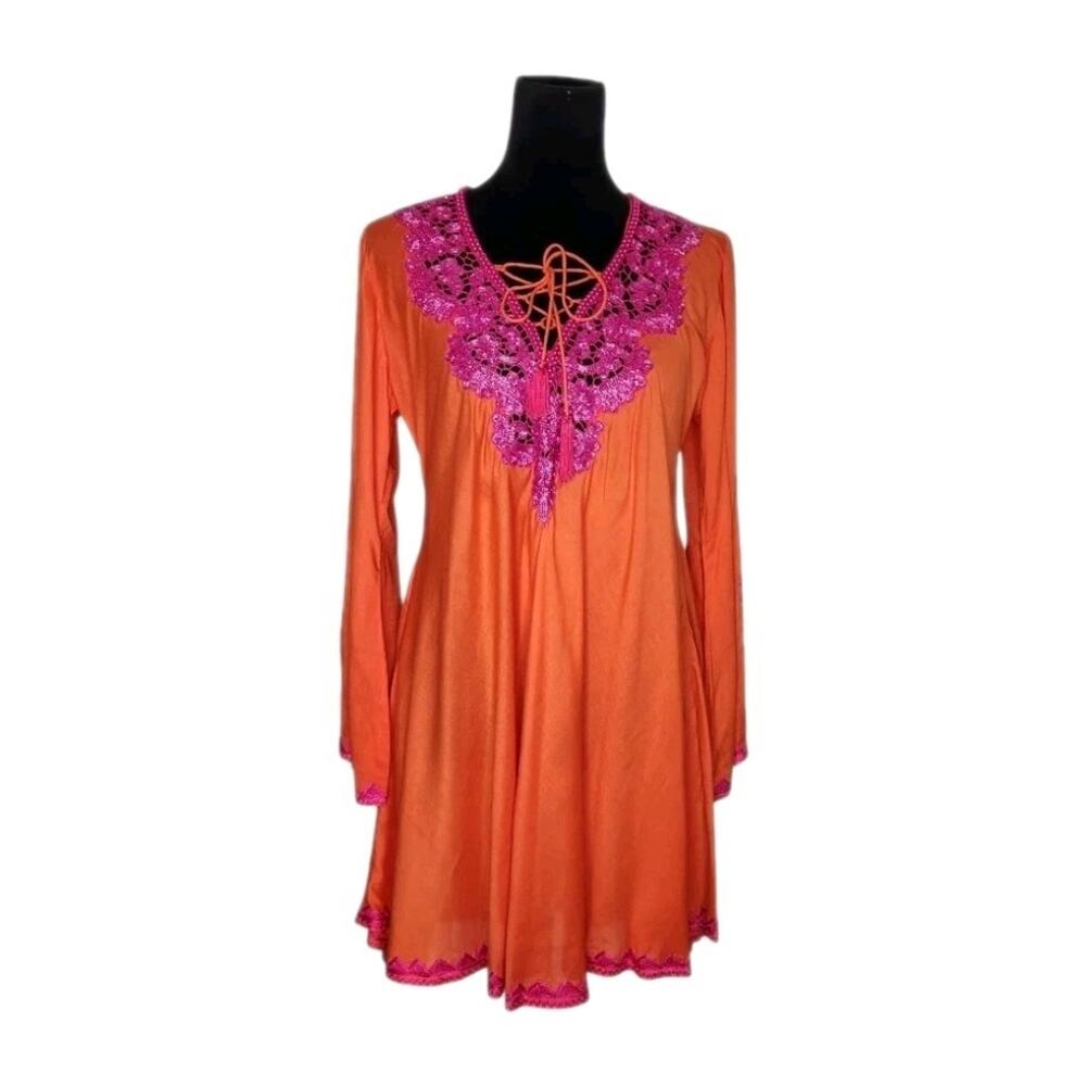 Jules Reid Orange Pink Beaded Embroidered Long Sleeve Mini Kaftan Dress Size M